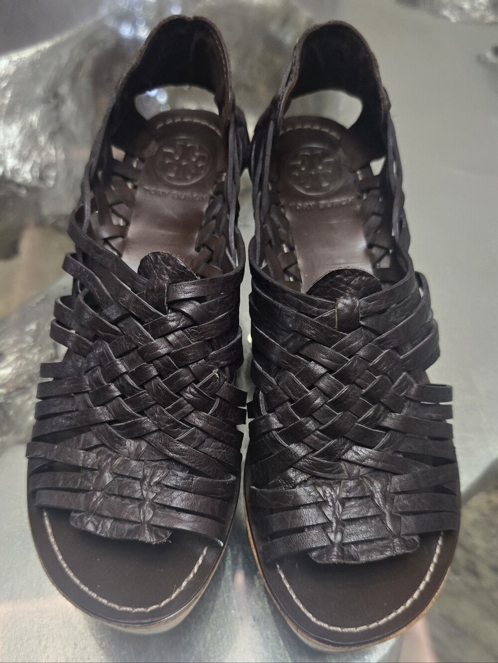 Tory Burch Brown Woven Leather Sandals